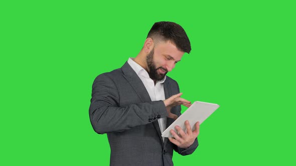 Turk Business Man Beard Standing Using Tablet Computer Green Screen Chroma Key