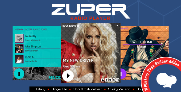 Zuper - Shoutcast and Icecast Radio Player With History - Addon For for WPBakery Page Builder