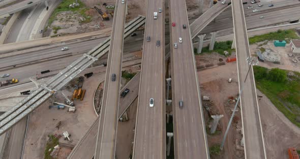 Brids eye view of traffic on 610 and 59 South freeway in Houston, Texas