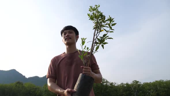 Asian Man Carrying A Plant And Walking