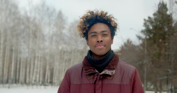 Portrait Black Face Guy Smiling Close Up Afro American Joy Background Winter