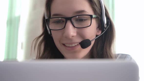 Closeup Girl Call Center Operator Sells Services