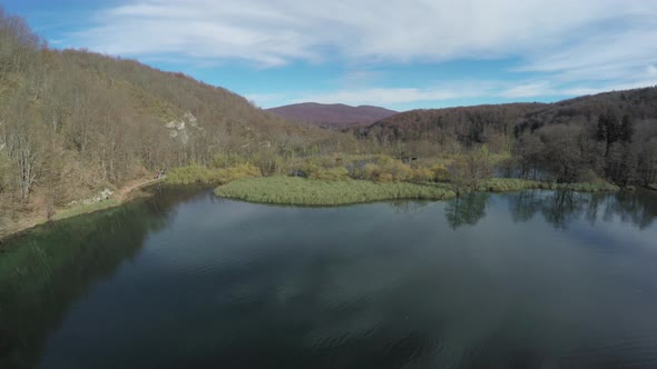 Aerial view of a lake in Plitvice Park