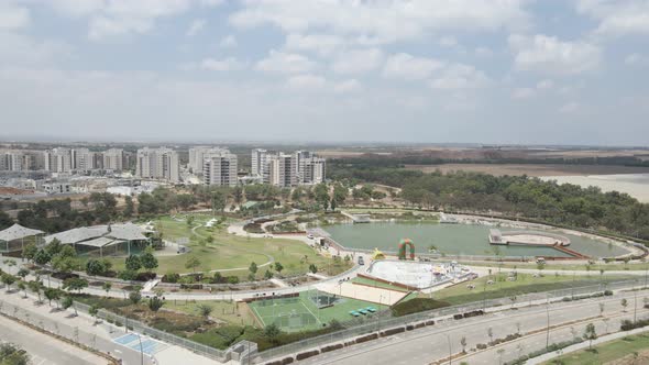 Aerial Shot From Above Round The Lake At Netivot