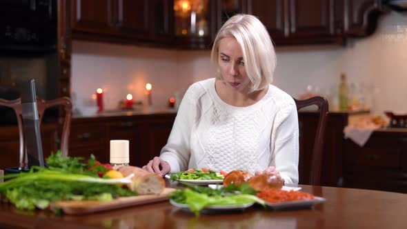 Young Caucasian Woman Eating Salad Feeling Nausea and Running Away