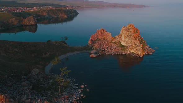 Shamanka Aerial Shot with Quadrocopter Lake Baikal, Summer Dawn