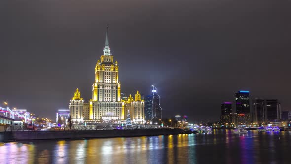 Hotel Ukraine Winter Night Timelapse Hyperlapse with Bridge Over Moscow River