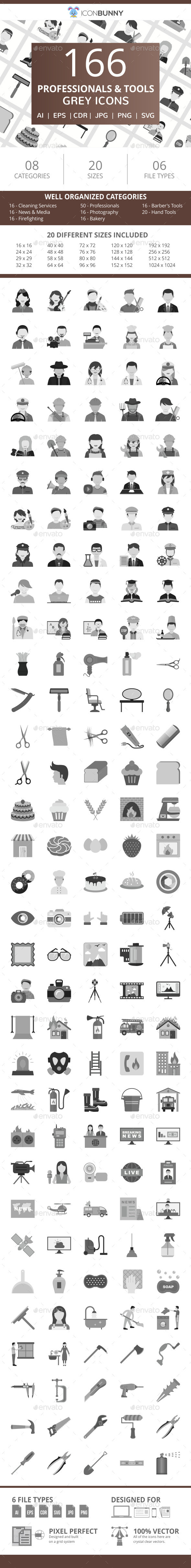 166 Professionals & their tools Flat Greyscale Icons
