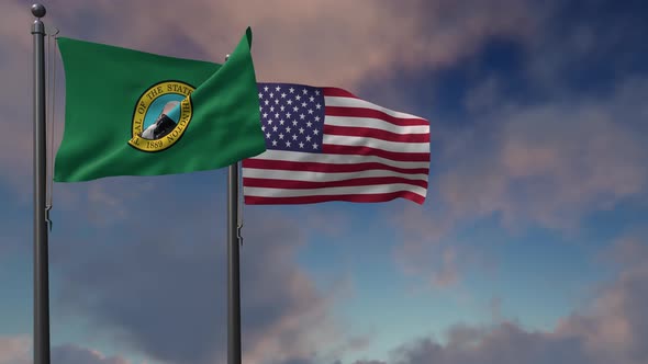 Washington State Flag Waving Along With The National Flag Of The USA - 4K