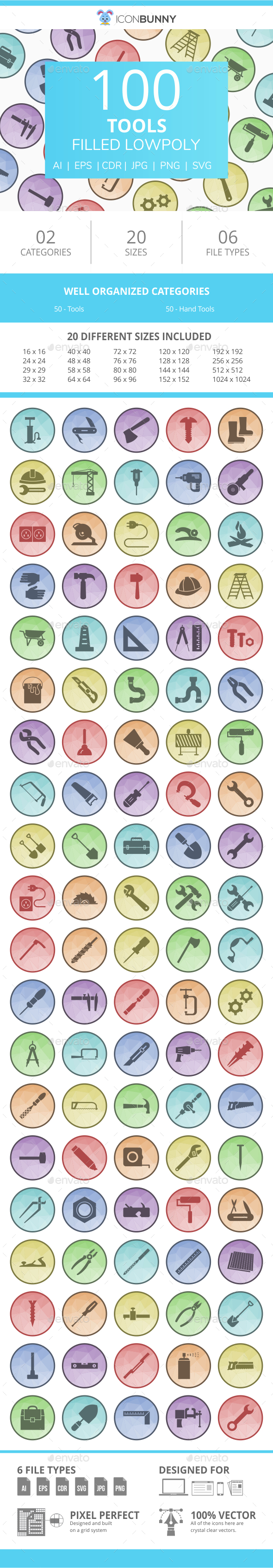 100 Tools Filled Low Poly Icons
