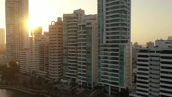 Beautiful Sunset Over Modern Skyscrapers Business Apartments Hotels