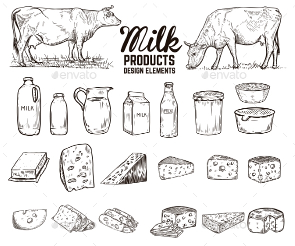 Set of Hand Drawn Milk Products Design Elements