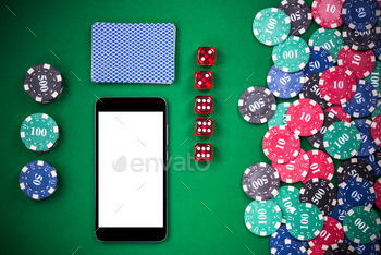 Mobile phone on casino poker table, on line gaming mock up templ