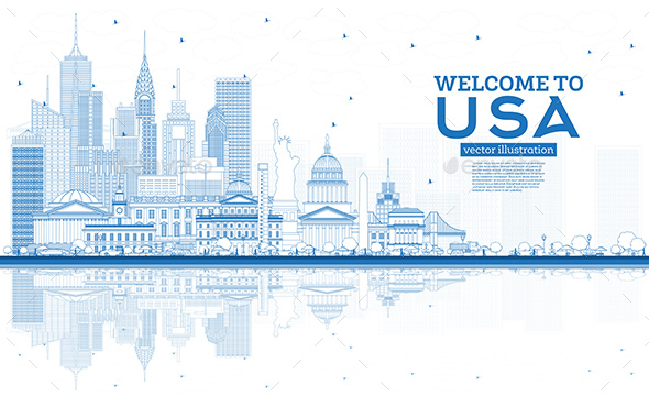 Outline Welcome to USA Skyline with Blue Buildings