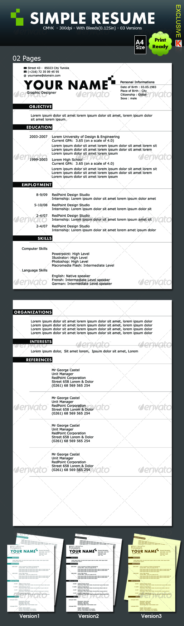 Simple Resume (02 pages & 03 versions)