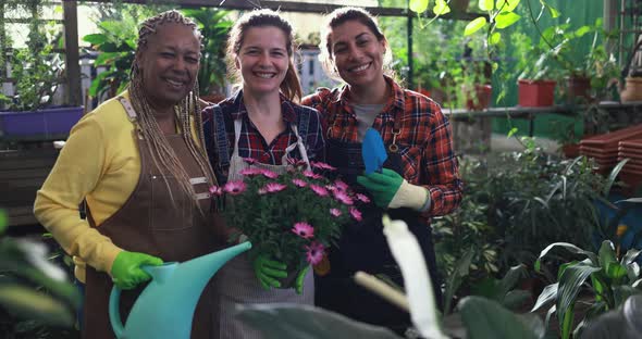 Multiracial women working together inside nursery greenhouse - Green market concept