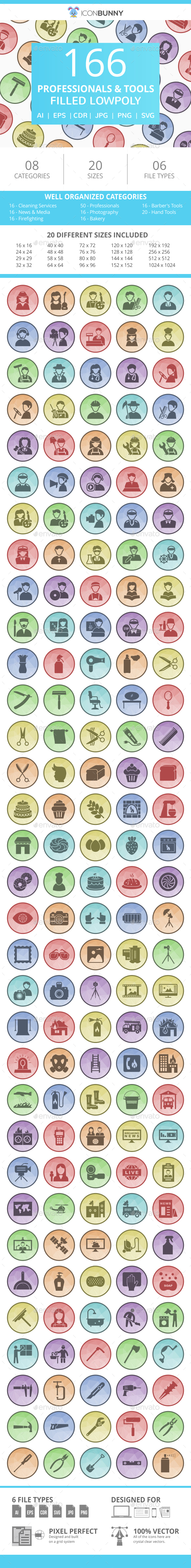 166 Professionals & their tools Filled Low Poly Icons