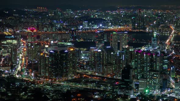 Timelapse Seoul Overpass Roads Among Skyscrapers and River