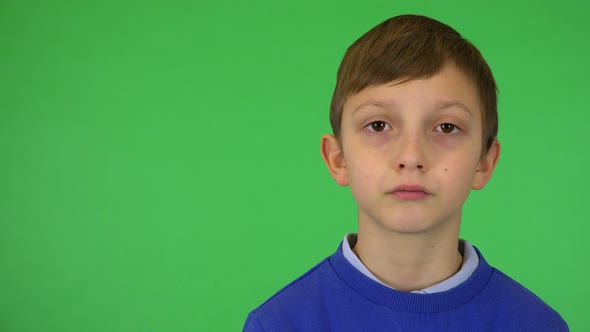 A Young Cute Boy Looks Seriously at the Camera - Closeup - Green Screen Studio