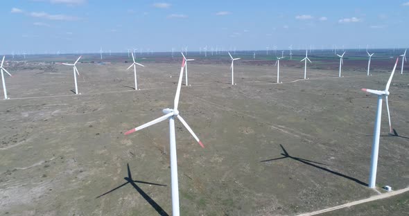 Aerial view of windmills farm. Modern wind turbines.