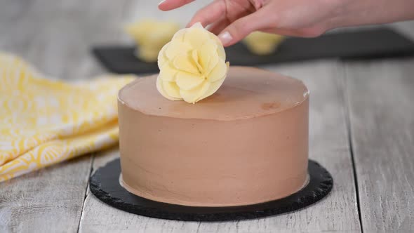 Baker Chef Using White Chocolate Flowers Decorating Chocolate Cake.	