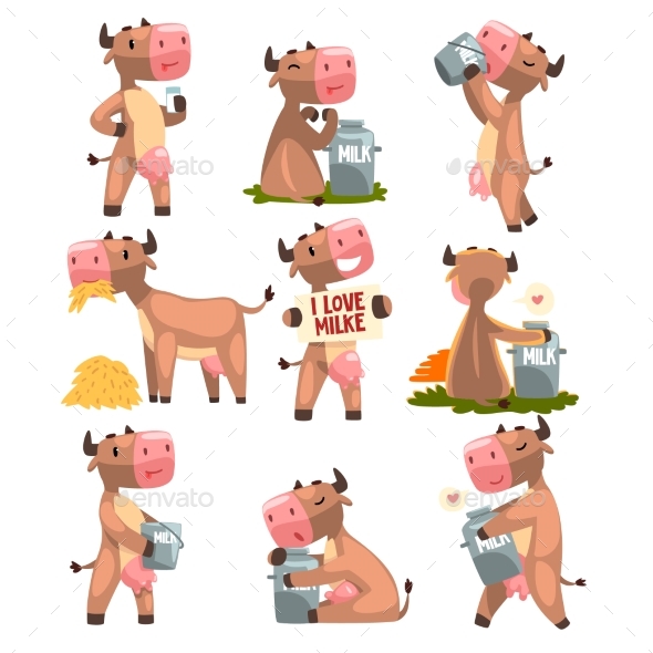 Brown Cow in Different Situations Set