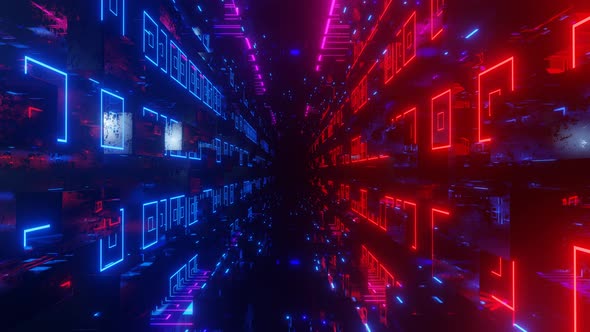 Fly Through Technology Cyberspace with Blue Red Neon Glow