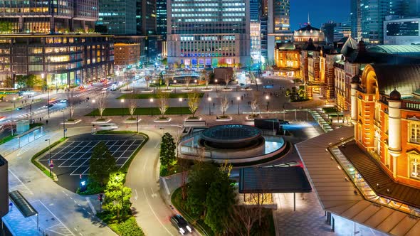 time lapse of night scene of Tokyo Station in the Marunouchi business district, Tokyo, Japan