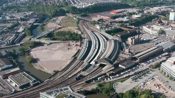 Dolly forward  drone shot towards Bristol temple meads train station