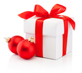 White gift box tied red ribbon bow and two Christmas bauble Isol - PhotoDune Item for Sale