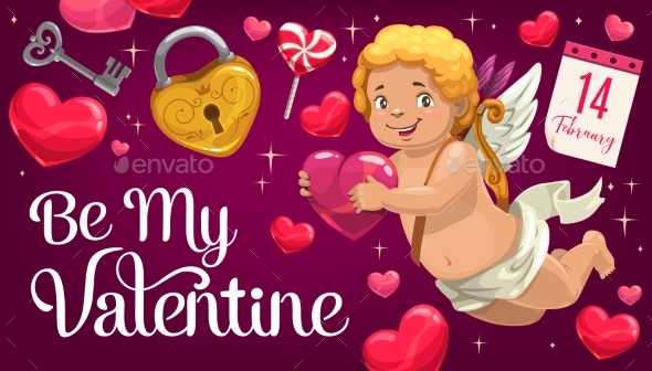 Valentines Day Cupid with Hearts Greeting Card