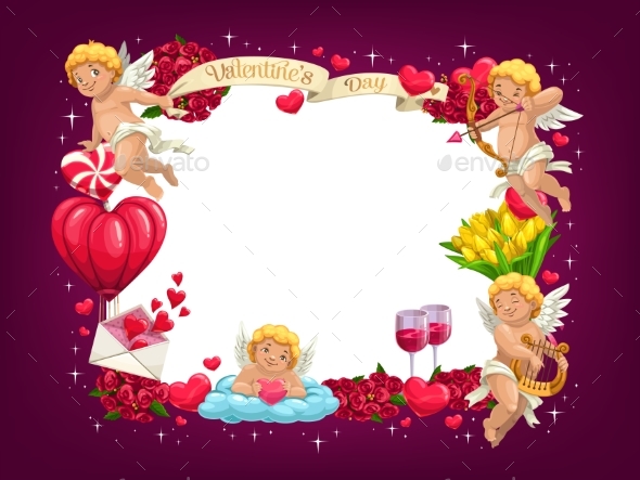 Valentines Day Love Hearts and Flying Cupids Frame