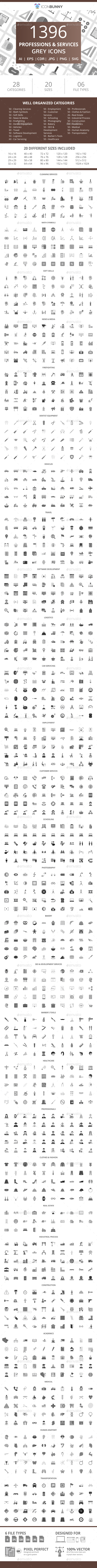 1396 Professions & Services Flat Greyscale Icons