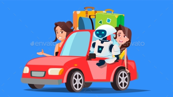 Robot And People Travelling By Car With Suitcases
