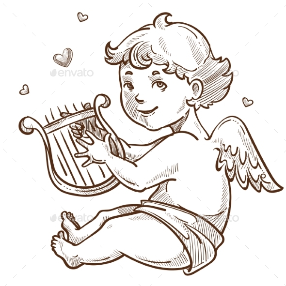 Angel with Harp and Wings Cupid Valentines Day