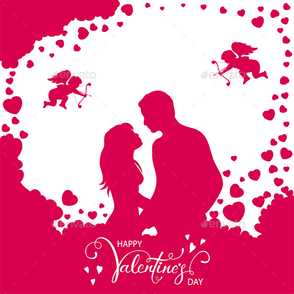 Pink Valentines Background with Loving Couple and Hearts