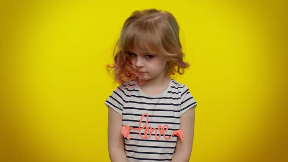 Displeased Upset Kid Child Reacting to Unpleasant Awful Idea Wave Hand Shake Head Dismiss Idea