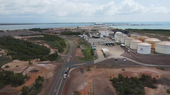 Slow moving drone shot of East Arm Industrial Area and Oil Storage Buildings near Darwin, Northern T