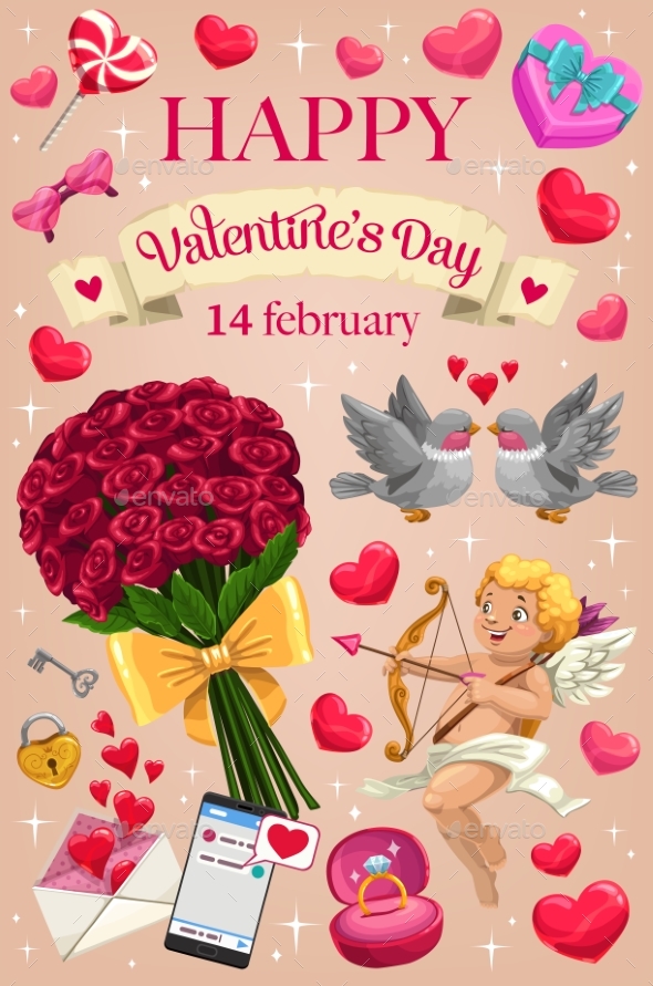 Cupid, Love Hearts and Flowers. Valentines Day
