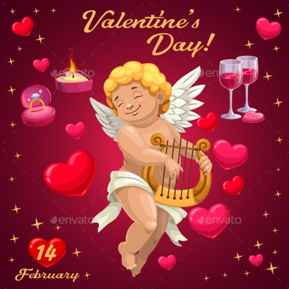 Cupid, Harp, Hearts, Wedding Ring. Valentines Day