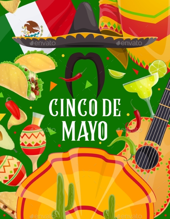 Mexican Holiday Sombrero, Guitar, Maracas, Cactus