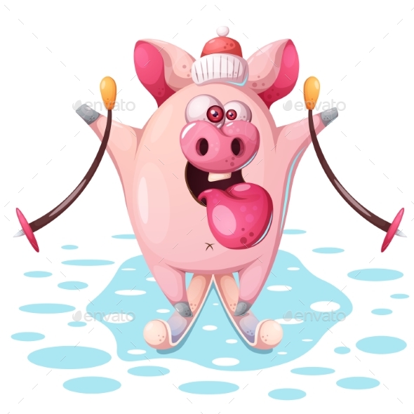 Pink Pig with Skis