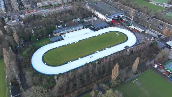 Aerial of a Recreational Outdoor Leisure Ice Skating Rink Top Down View in Amsterdam the Netherlands