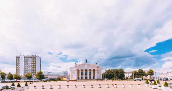 Drama Theater in the City of Gomel. Time Lapse with Car Traffic