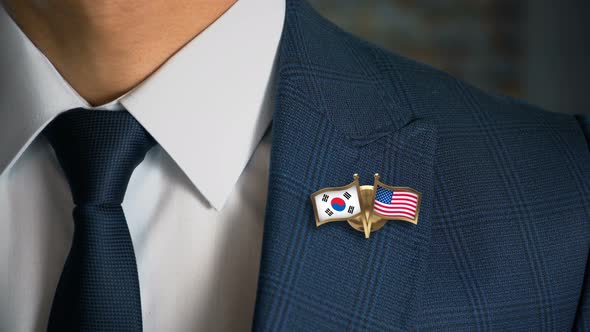 Businessman Friend Flags Pin South Korea United States Of America