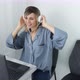 Attractive european blonde woman in headphones listening music and dancing sitting on comfy chair - VideoHive Item for Sale