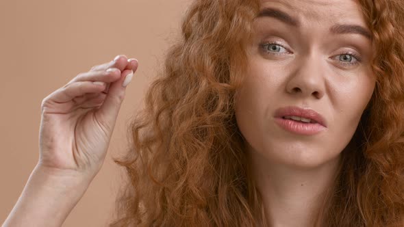 Bored Woman Gesturing Bla Bla Gesture Posing Over Beige Background