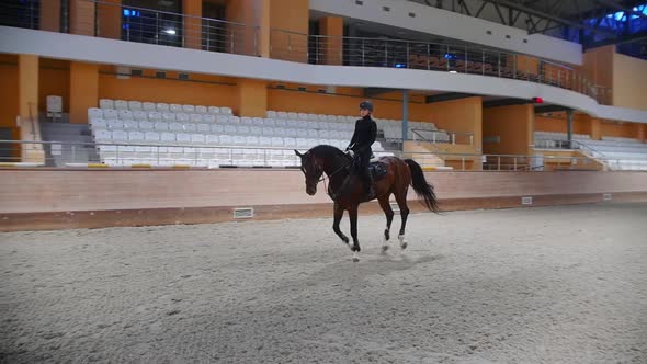 Equestrian Sports  a Woman Galloping on the Hippodrome Field Indoors