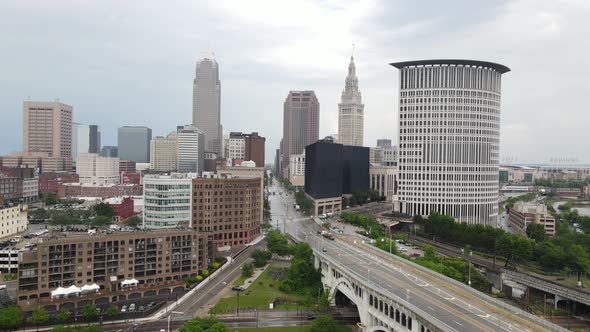 Cleveland, Ohio skyline drone videoing up.