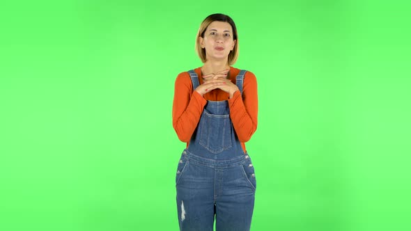 Girl with Wow Face Expression and Tender Smiling. Green Screen